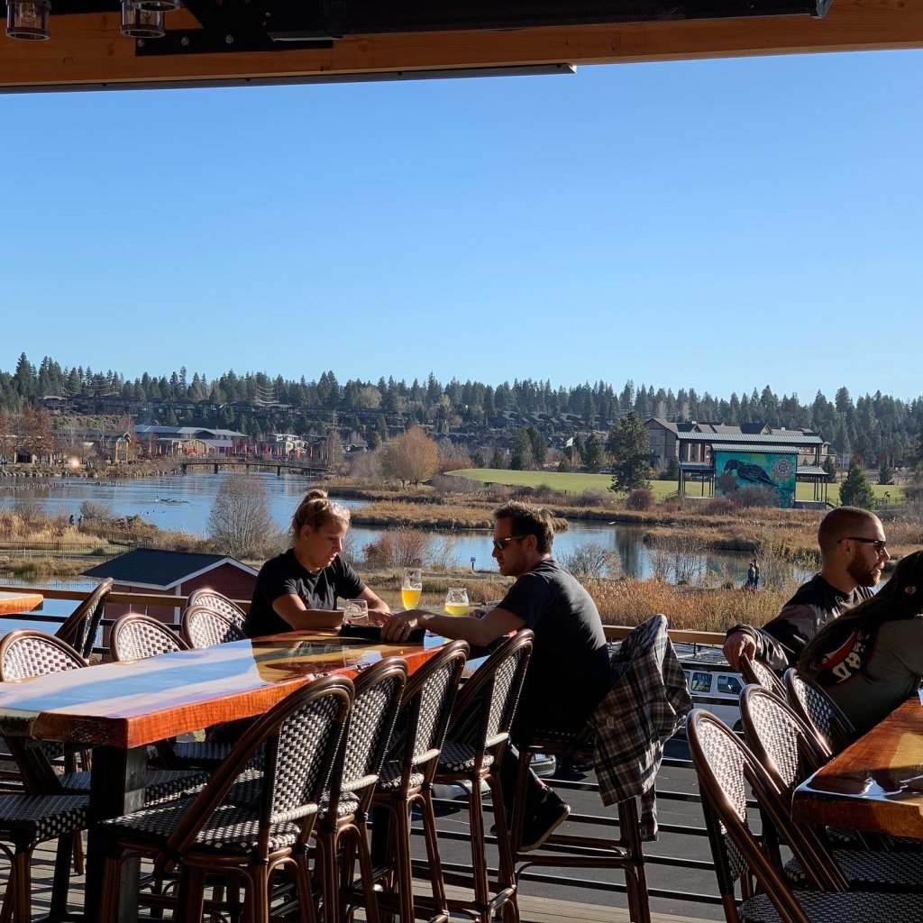Patio at Monkless Belgian Ales overlooking the Deschutes River in Bend, Oregon