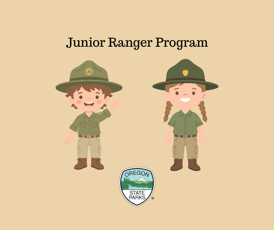 Two cartoon children dressed as Oregon State Park junior rangers in Central Oregon.