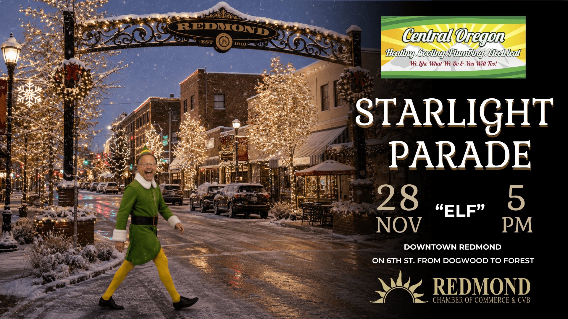 A man dressed as an elf walking down a snowy, decorated street in Redmond in Central Oregon.