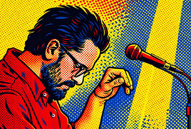 A pop art illustration of a bearded man with glasses standing near a microphone in Central Oregon.