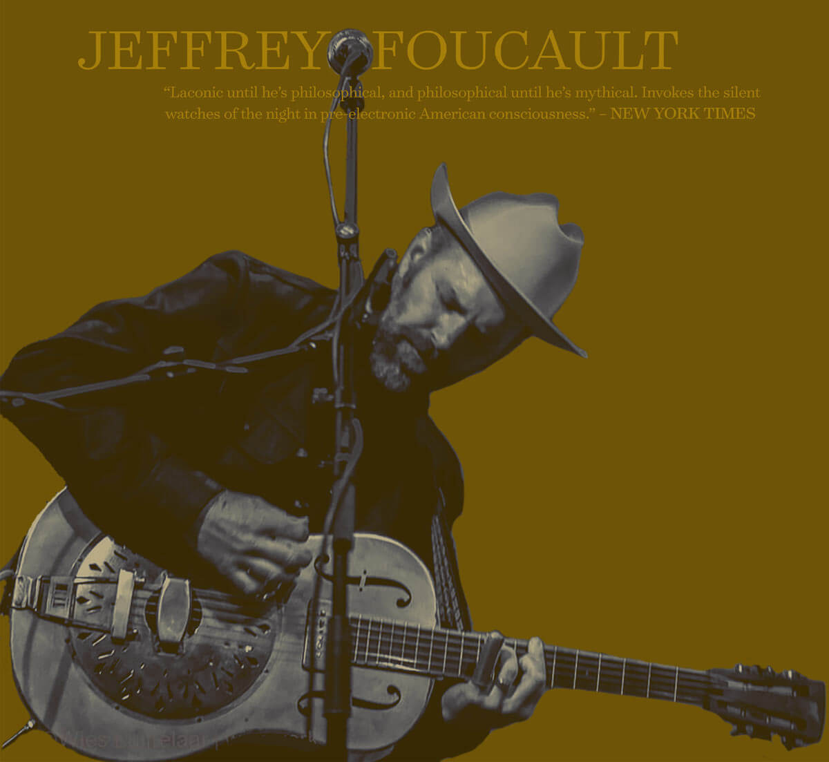 Jeffrey Foucault playing a resonator guitar while wearing a cowboy hat in Central Oregon.
