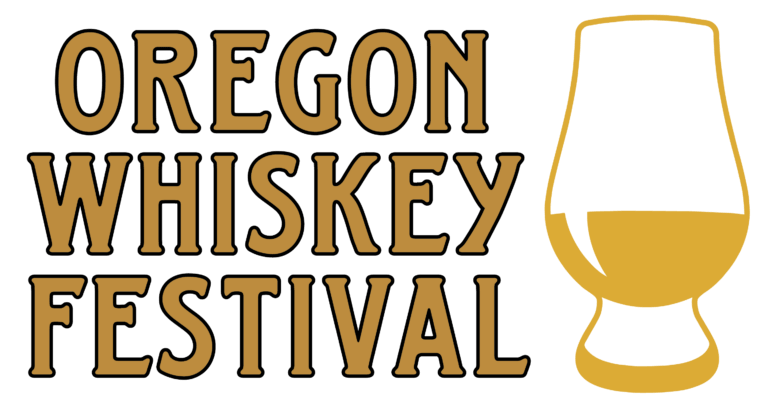 The logo for the Oregon Whiskey Festival featuring text and a whiskey glass in Central Oregon.