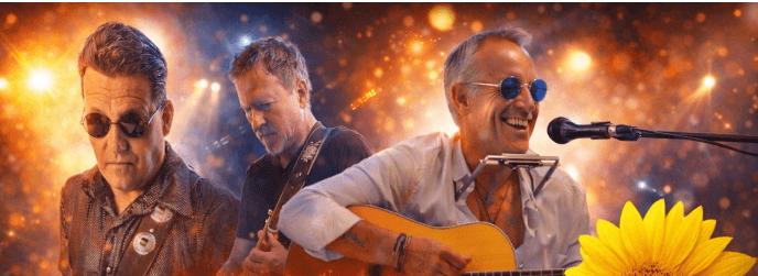 Three musicians performing on stage with a bright, bokeh-filled background in Central Oregon.