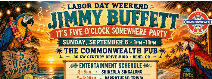 A promotional flyer for a Jimmy Buffett themed party at The Commonwealth Pub in Central Oregon.
