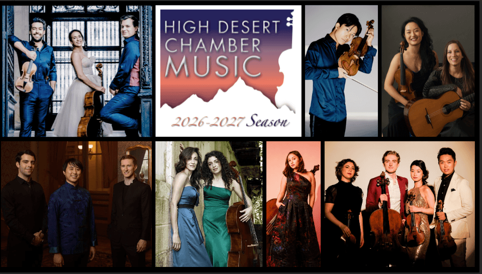 A collage of various classical musicians and a High Desert Chamber Music season logo in Central Oregon.