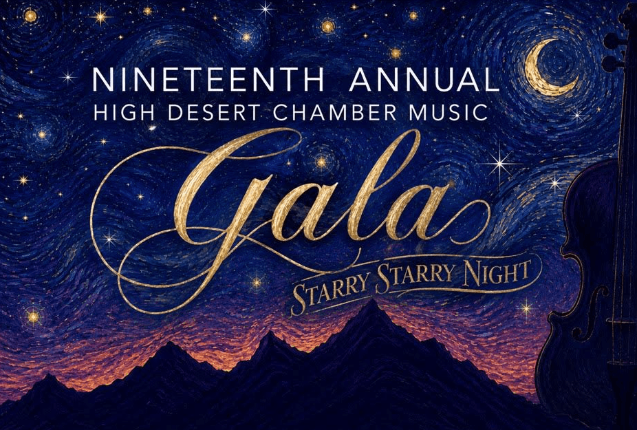 A poster for a chamber music gala featuring a starry night sky and violin in Central Oregon.