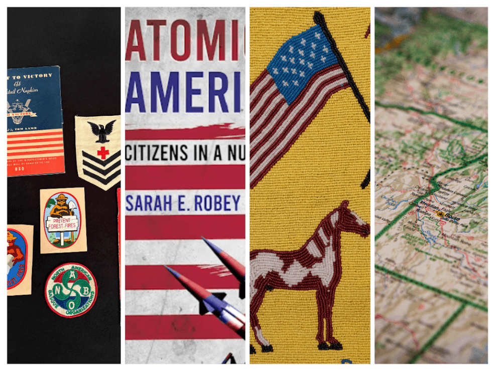 A collage showing historical patches, a book cover, beaded art, and a map in Central Oregon.