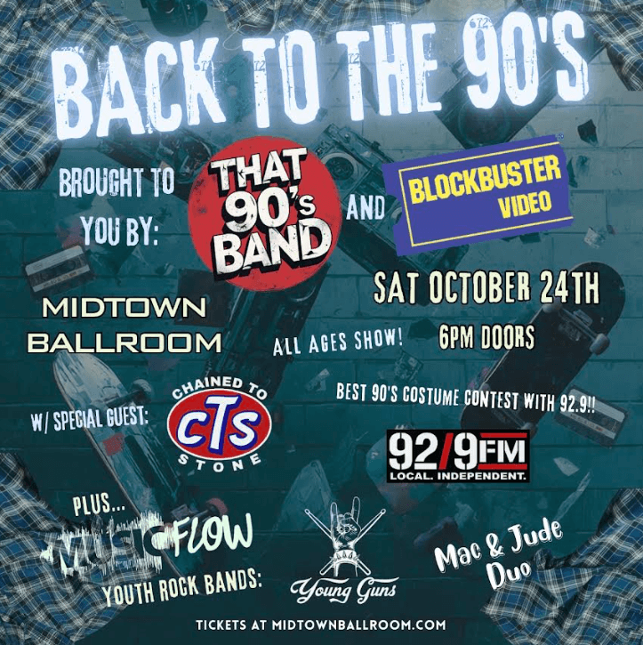 A promotional poster for a 90s themed music event at Midtown Ballroom in Central Oregon.