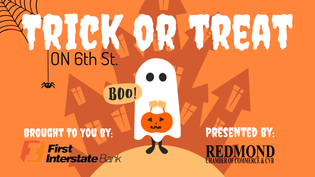 A Halloween event flyer featuring a ghost, a pumpkin bucket, and a haunted house background in Central Oregon.