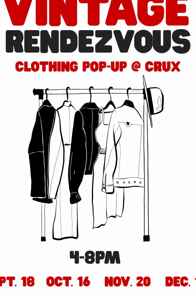 A flyer for a vintage clothing pop-up event featuring a line drawing of clothes in Central Oregon.