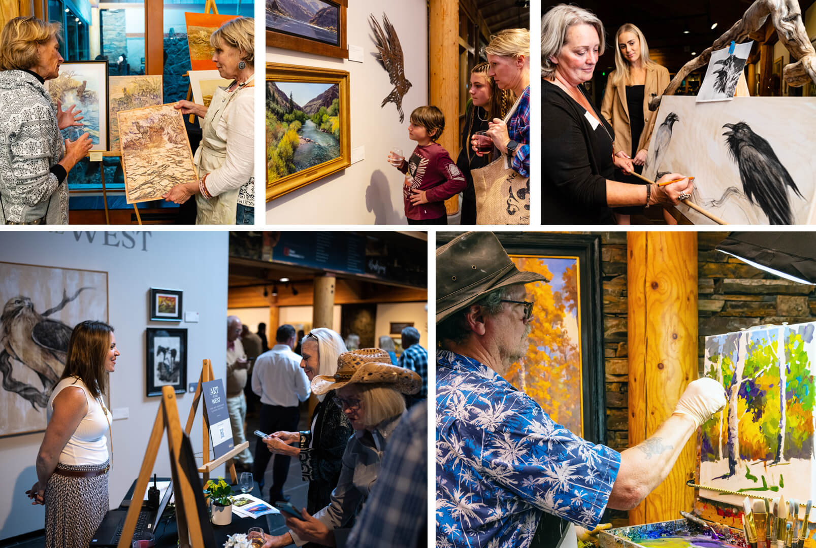 A collage showing artists and visitors interacting at an art gallery exhibition in Central Oregon.