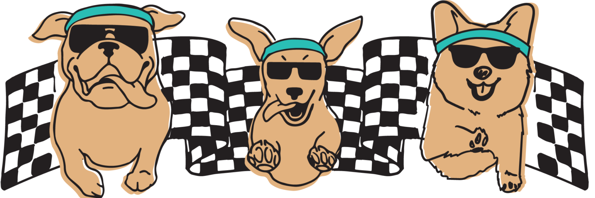 Three cartoon dogs wearing sunglasses and headbands in front of a checkered racing flag in Central Oregon.