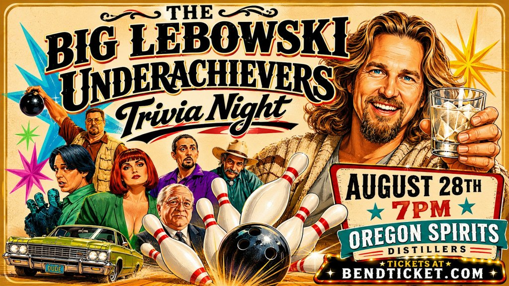 A promotional poster for a Big Lebowski themed trivia night with movie characters in Central Oregon.