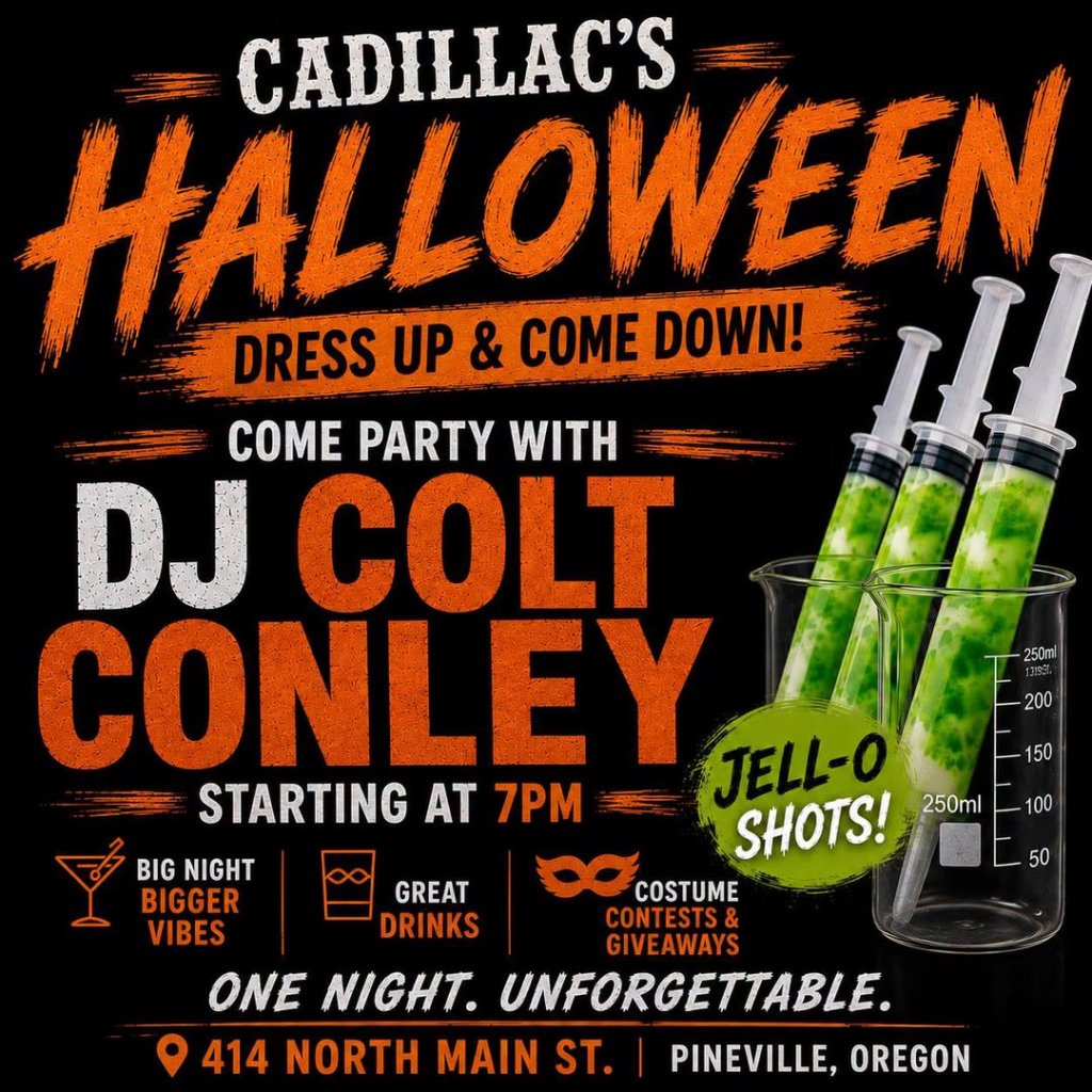 A promotional flyer for a Halloween party featuring Jell-O shot syringes in beakers in Central Oregon.