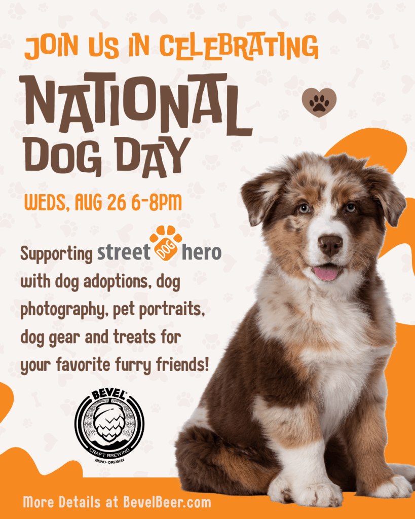 A promotional flyer for a National Dog Day event featuring a cute puppy in Central Oregon.