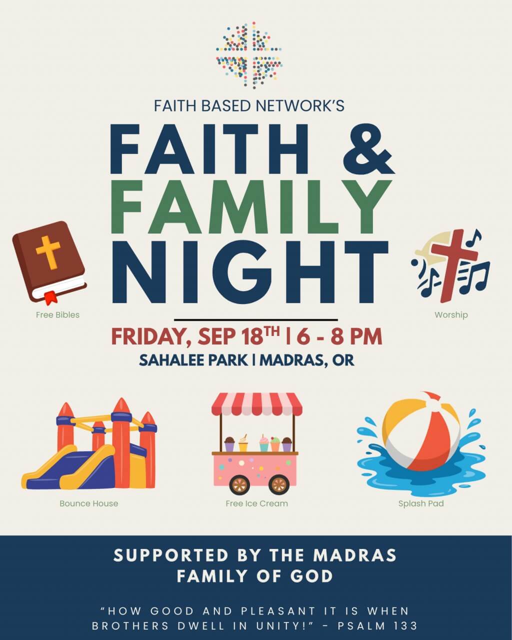 A flyer for a Faith and Family Night event featuring activities and religious themes in Central Oregon.
