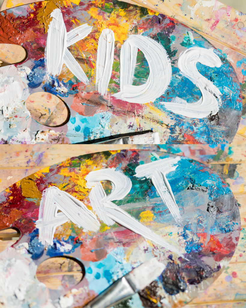 A wooden artist palette covered in colorful paint with the words Kids Art written in Central Oregon.