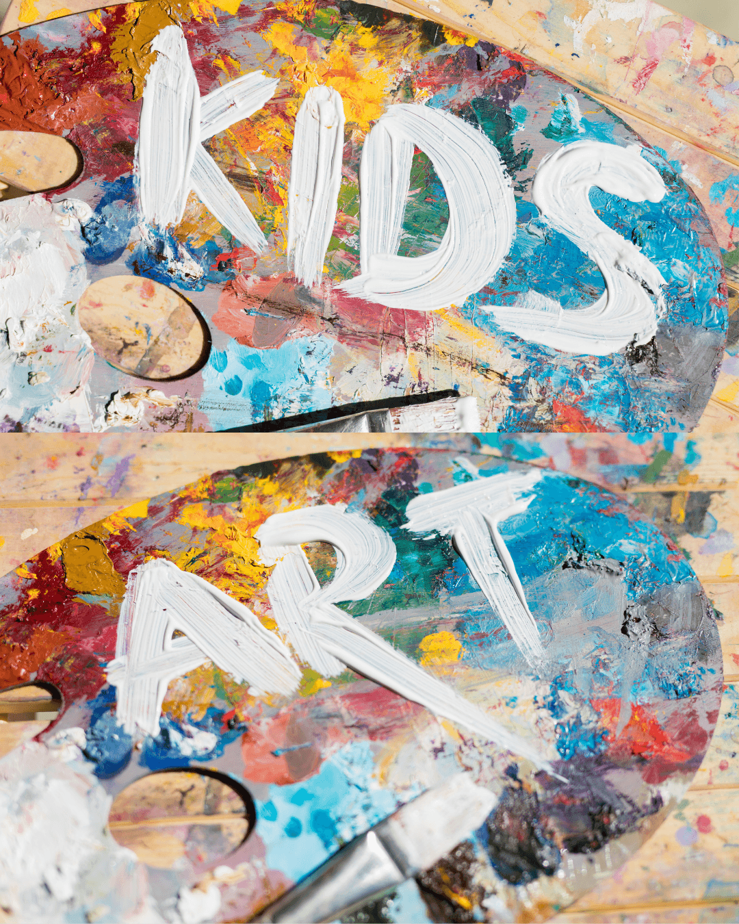 A wooden artist palette covered in colorful paint with the words Kids Art written in Central Oregon.
