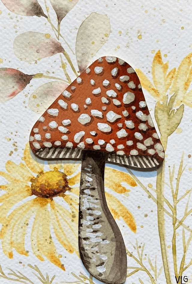 A watercolor painting of a spotted mushroom against a background of yellow flowers in Central Oregon.