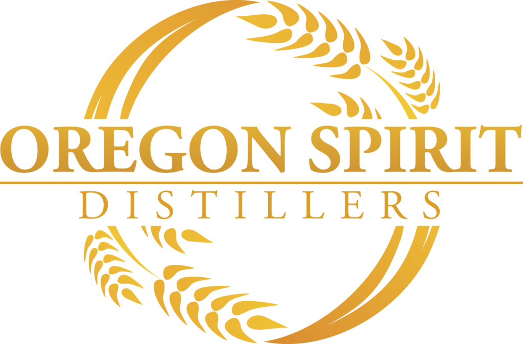 The logo for Oregon Spirit Distillers featuring golden wheat stalks in a circular frame in Central Oregon.
