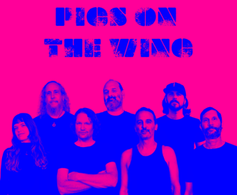 A group of seven people posing against a bright pink background with blue text in Central Oregon.