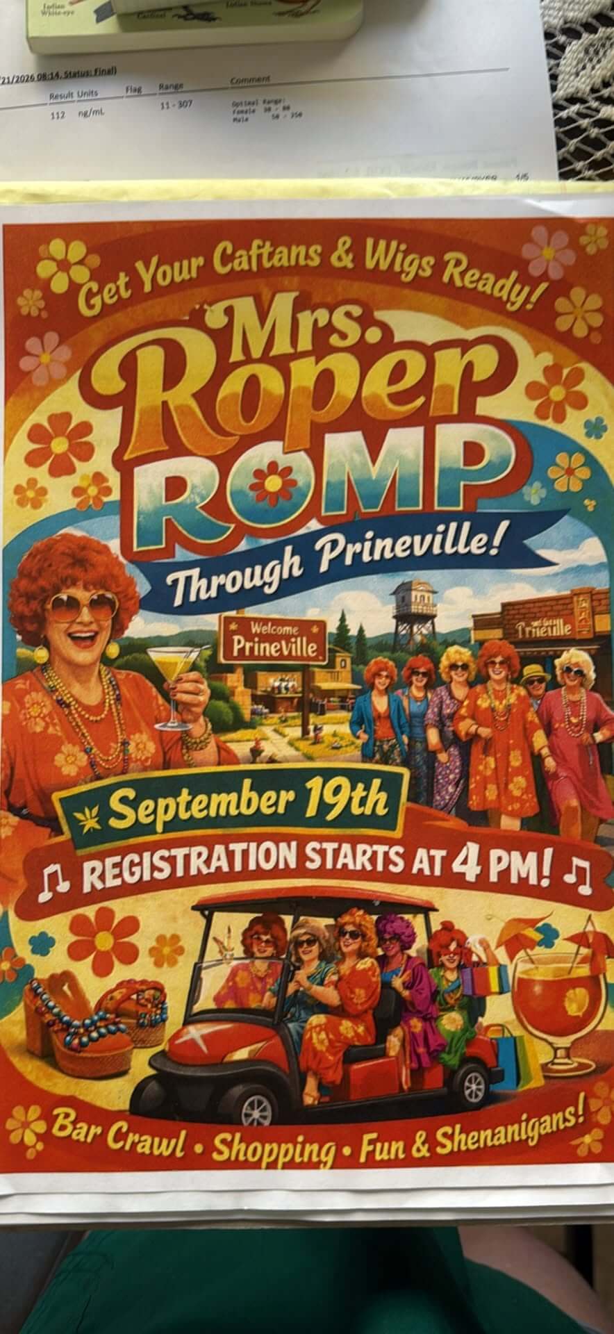 A colorful event poster for a Mrs. Roper Romp themed bar crawl in Central Oregon.