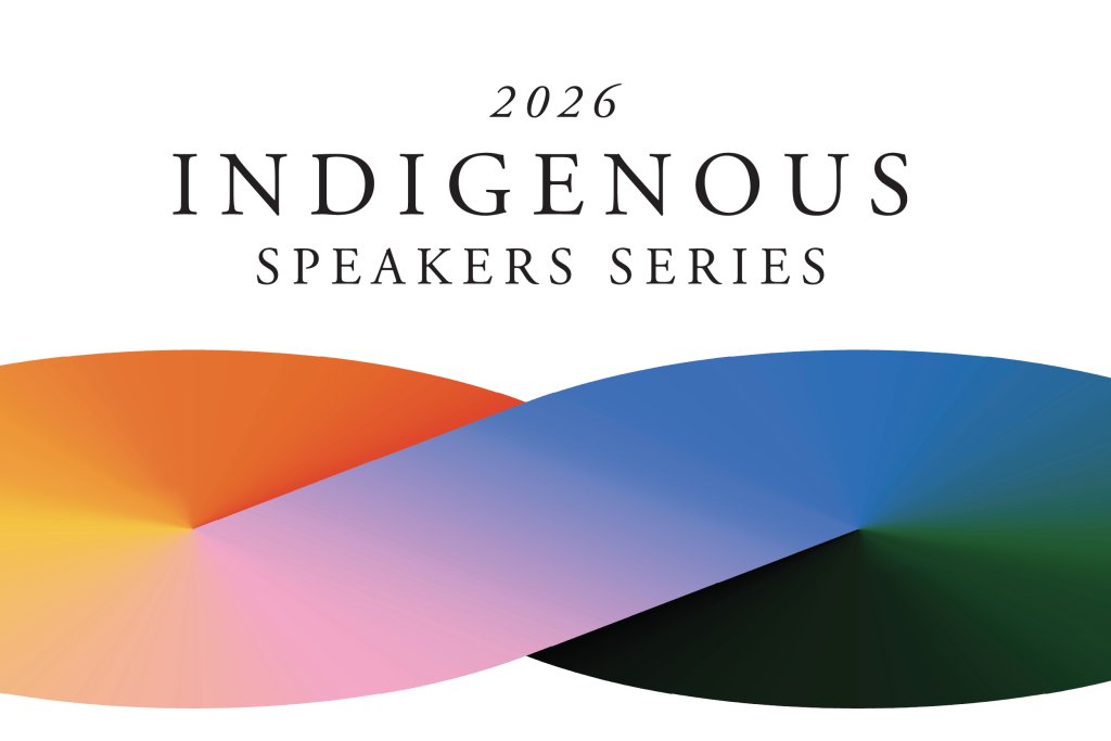 A graphic for the 2026 Indigenous Speakers Series with a colorful abstract wave design in Central Oregon.