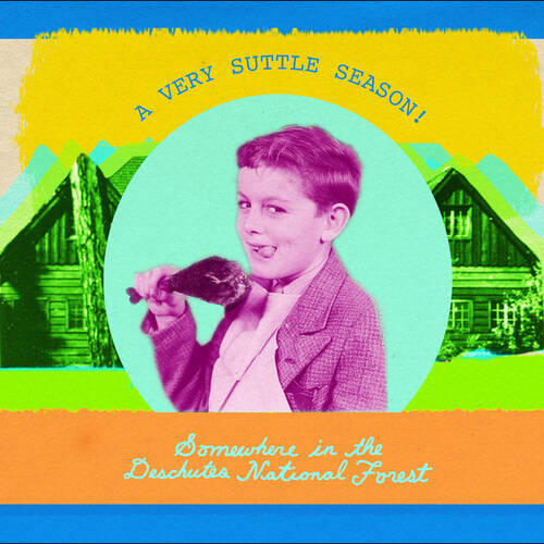 A stylized, colorful graphic featuring a boy eating a turkey leg in Central Oregon.