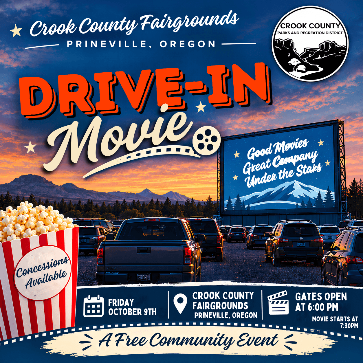 A promotional poster for a drive-in movie event at the Crook County Fairgrounds in Central Oregon.