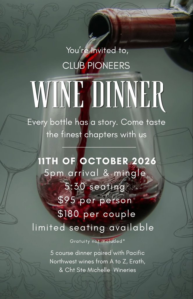 An invitation flyer for a wine dinner event featuring red wine being poured in Central Oregon.