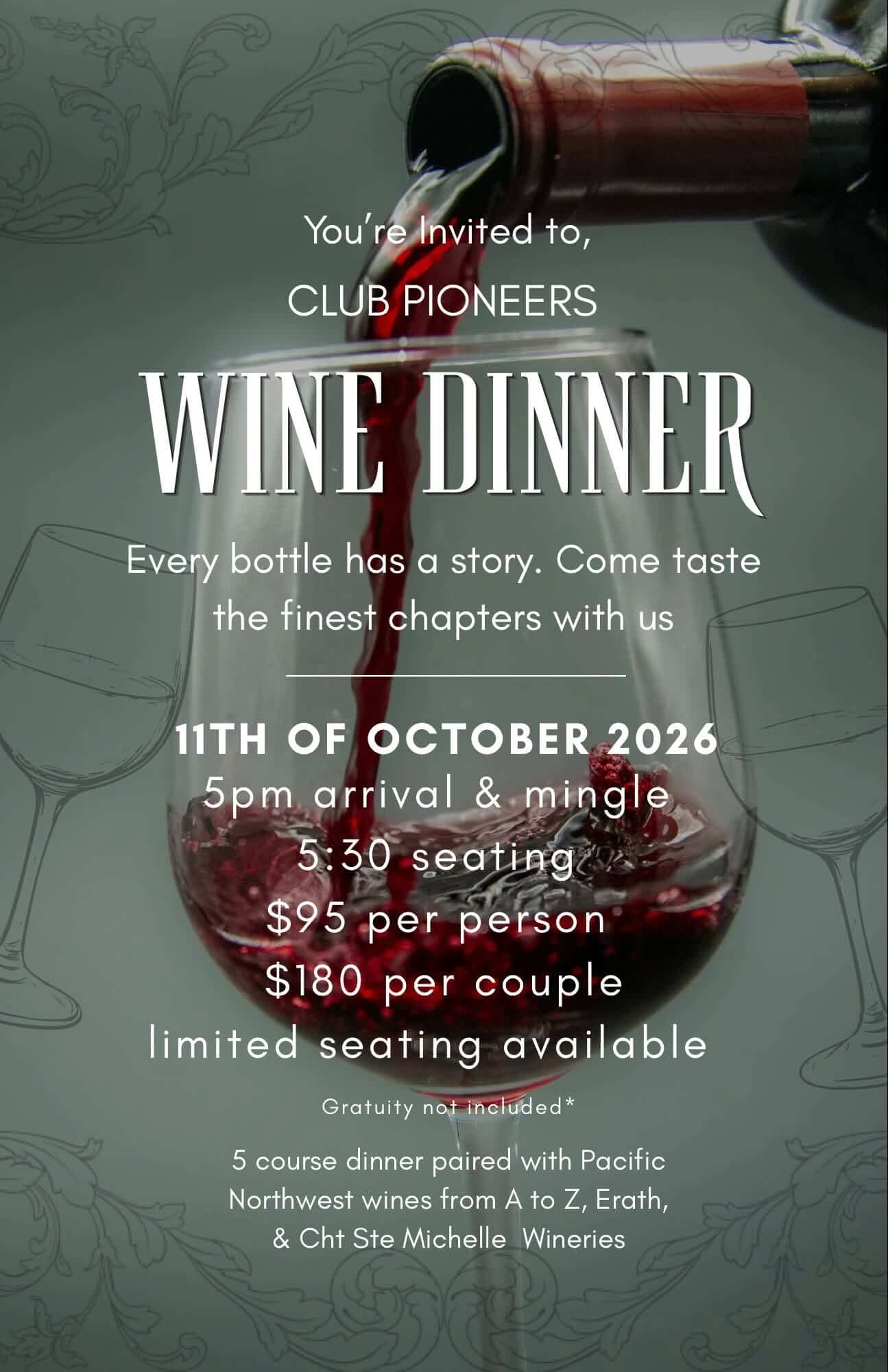 An invitation flyer for a wine dinner event featuring red wine being poured in Central Oregon.