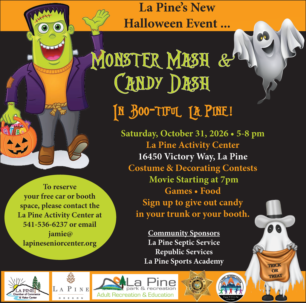 A flyer for a Halloween event in La Pine featuring a monster and ghosts in Central Oregon.