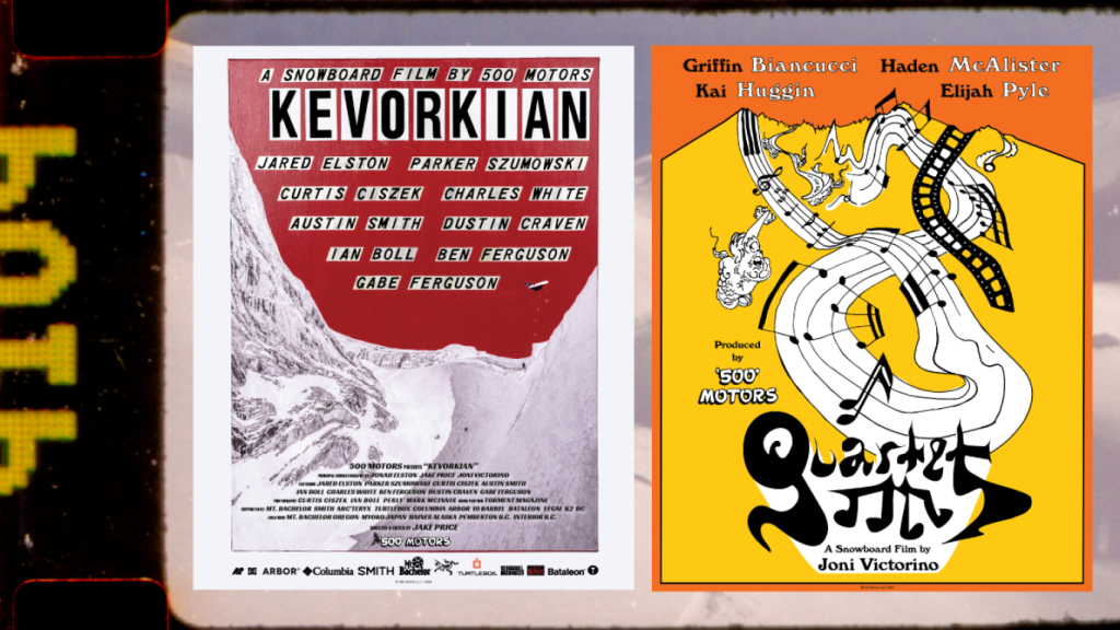 Two side-by-side promotional posters for snowboard films titled Kevorkian and Quartet in Central Oregon.