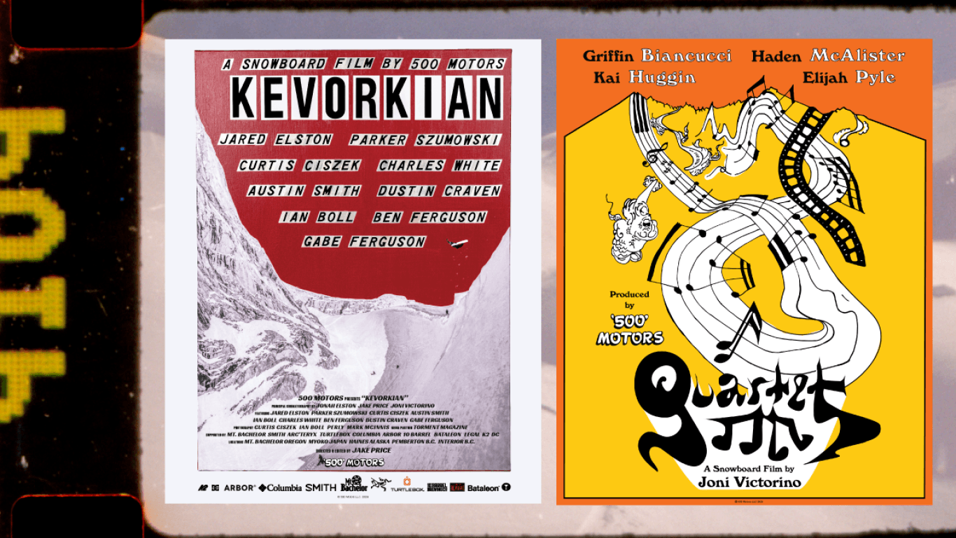Two side-by-side promotional posters for snowboard films titled Kevorkian and Quartet in Central Oregon.