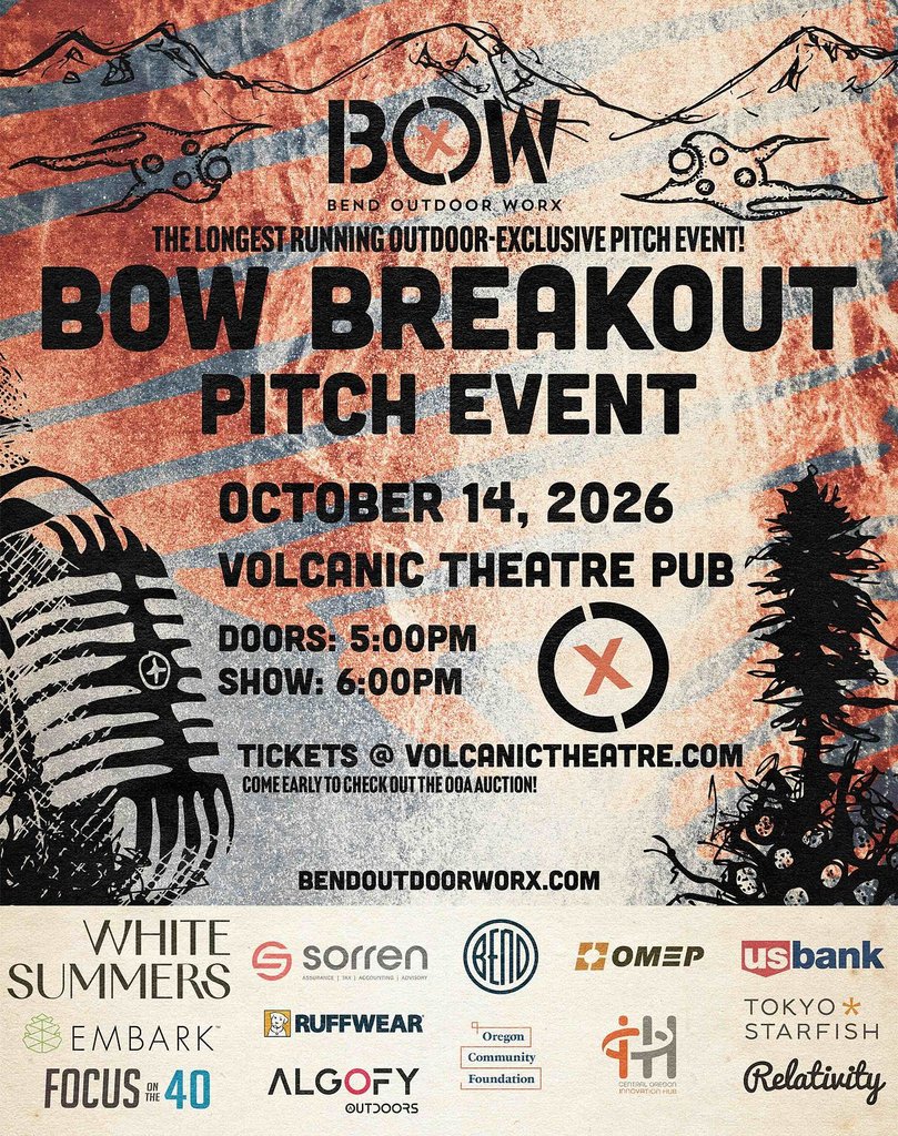 A promotional poster for the BOW Breakout pitch event on October 14, 2026 in Central Oregon.