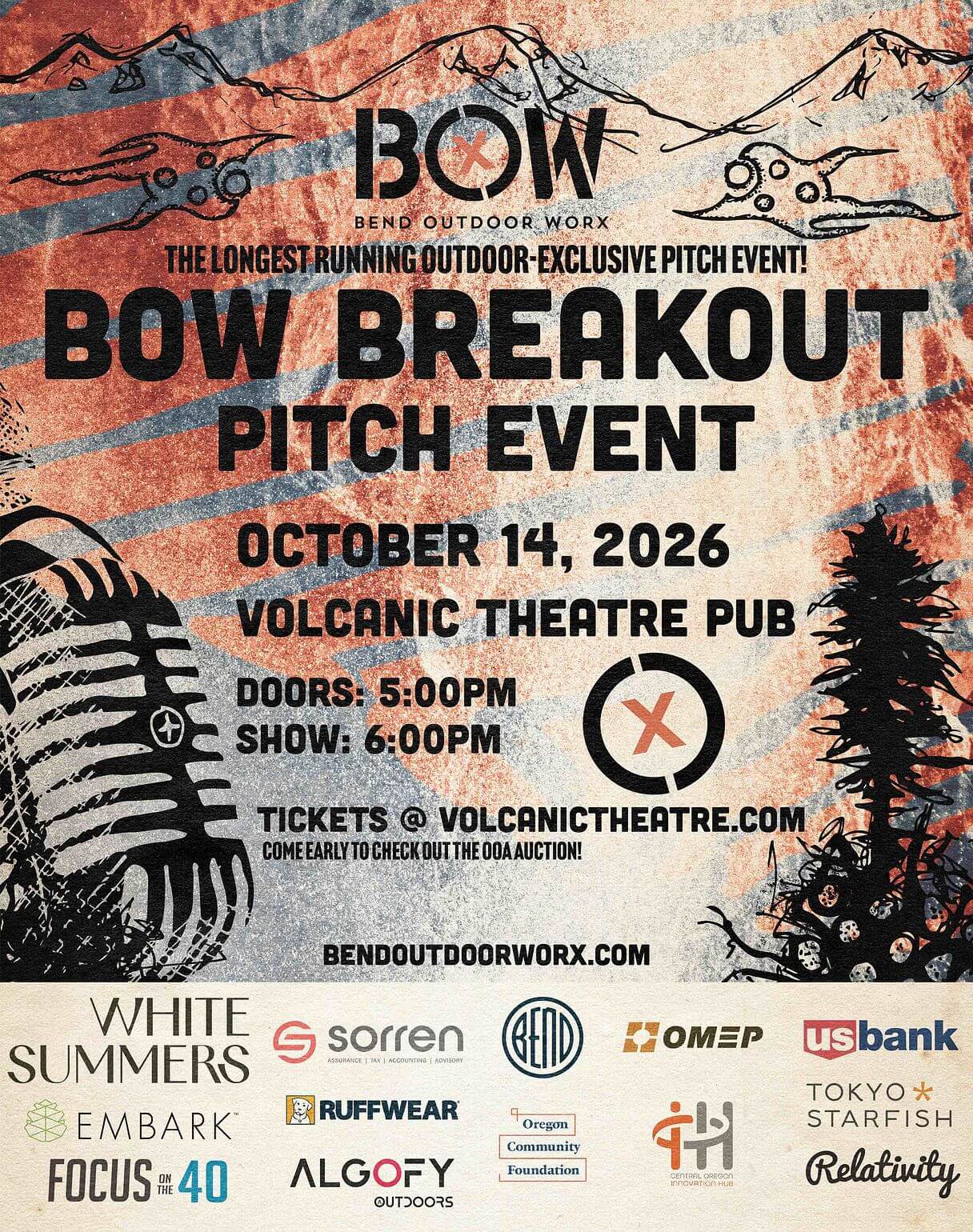 A promotional poster for the BOW Breakout pitch event on October 14, 2026 in Central Oregon.