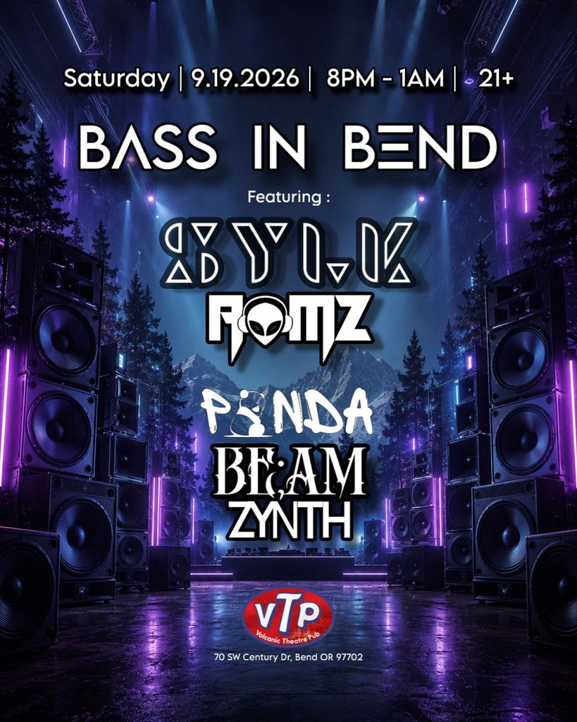 A concert poster for Bass in Bend featuring various musical artists at a venue in Central Oregon.