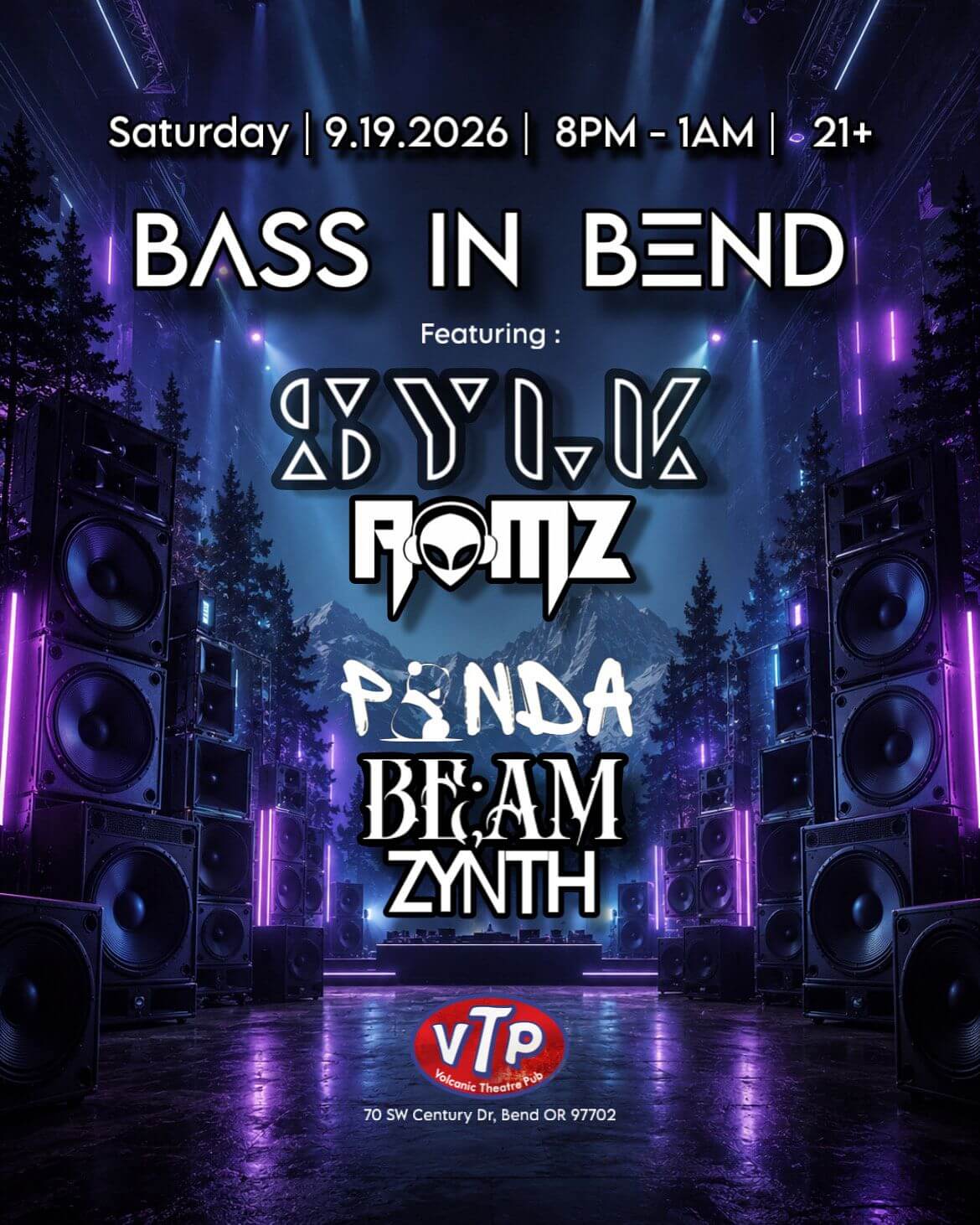 A concert poster for Bass in Bend featuring various musical artists at a venue in Central Oregon.