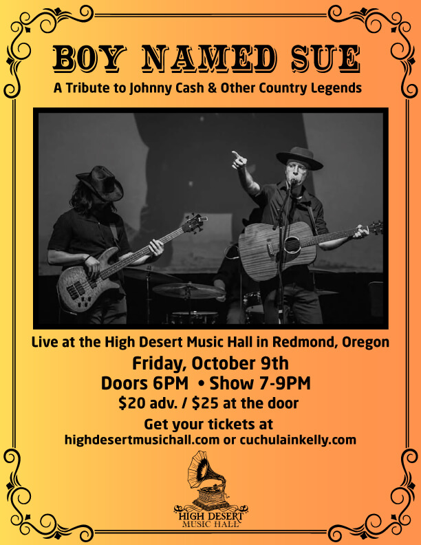 A concert poster for a Johnny Cash tribute band titled Boy Named Sue in Central Oregon.