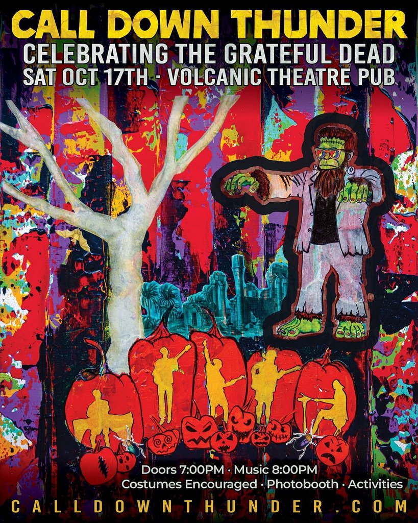 A vibrant, colorful concert poster for a Grateful Dead tribute band featuring a zombie character in Central Oregon.