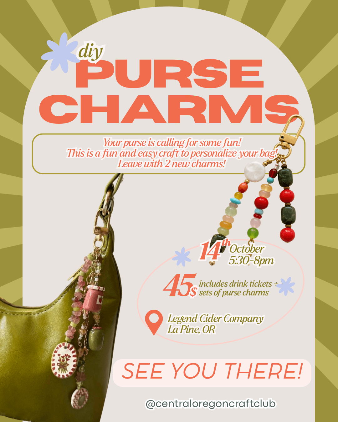 A flyer for a DIY purse charm workshop at Legend Cider Company in La Pine in Central Oregon.