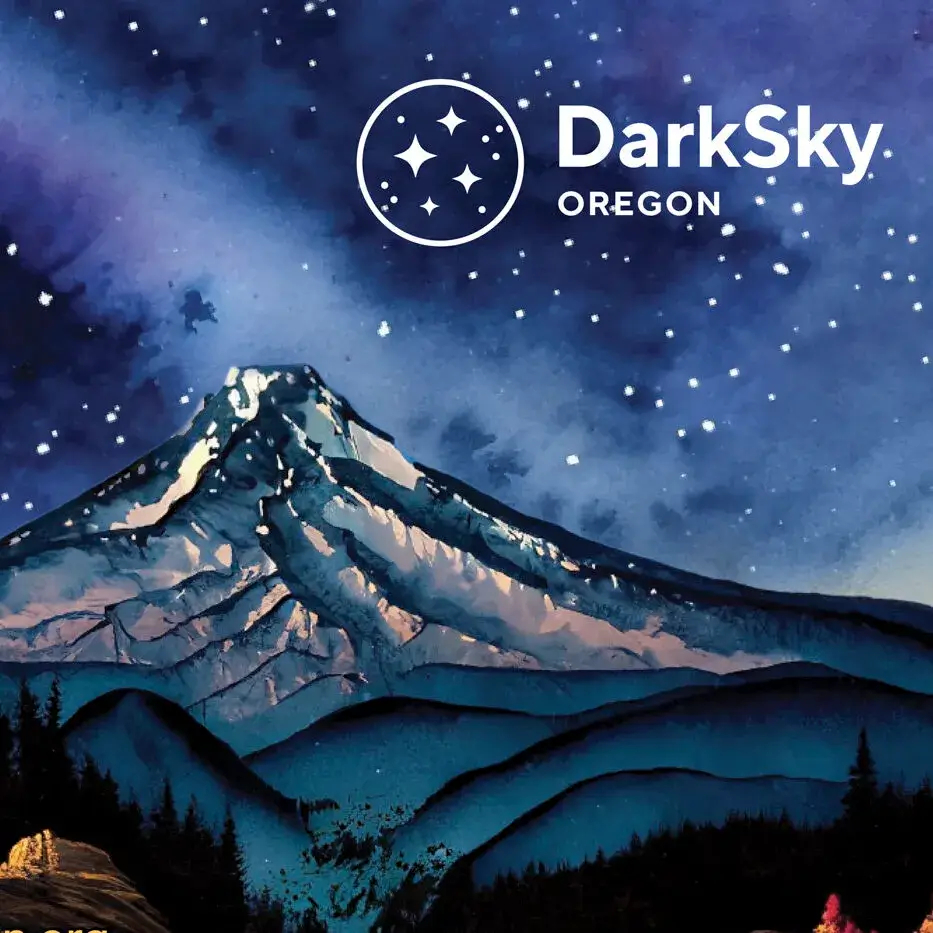 A stylized painting of a snow-capped mountain under a starry night sky in Central Oregon.