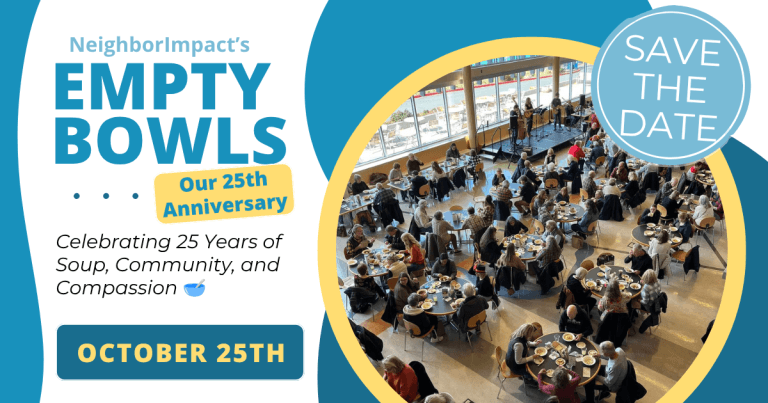 A flyer for NeighborImpact's 25th anniversary Empty Bowls event featuring a photo of diners in Central Oregon.