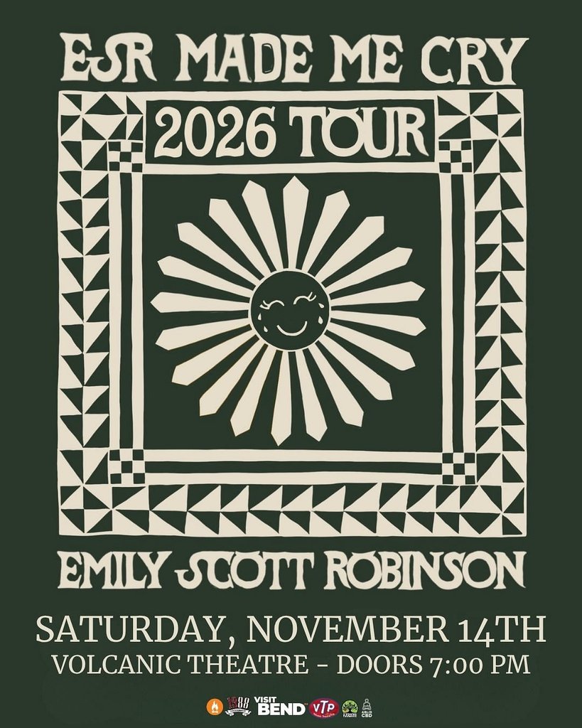 A concert poster for Emily Scott Robinson's 2026 tour featuring a crying sun illustration in Central Oregon.