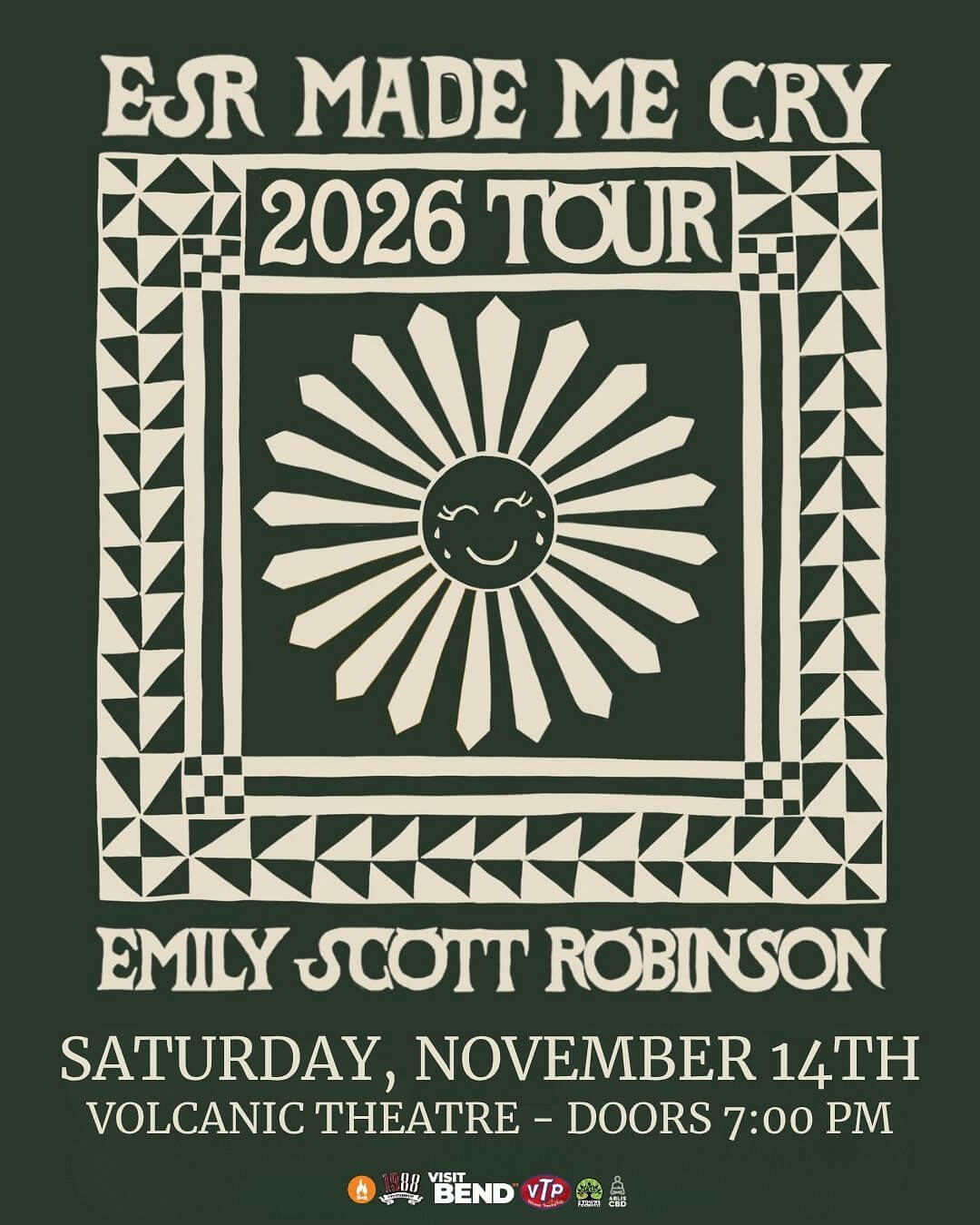 A concert poster for Emily Scott Robinson's 2026 tour featuring a crying sun illustration in Central Oregon.