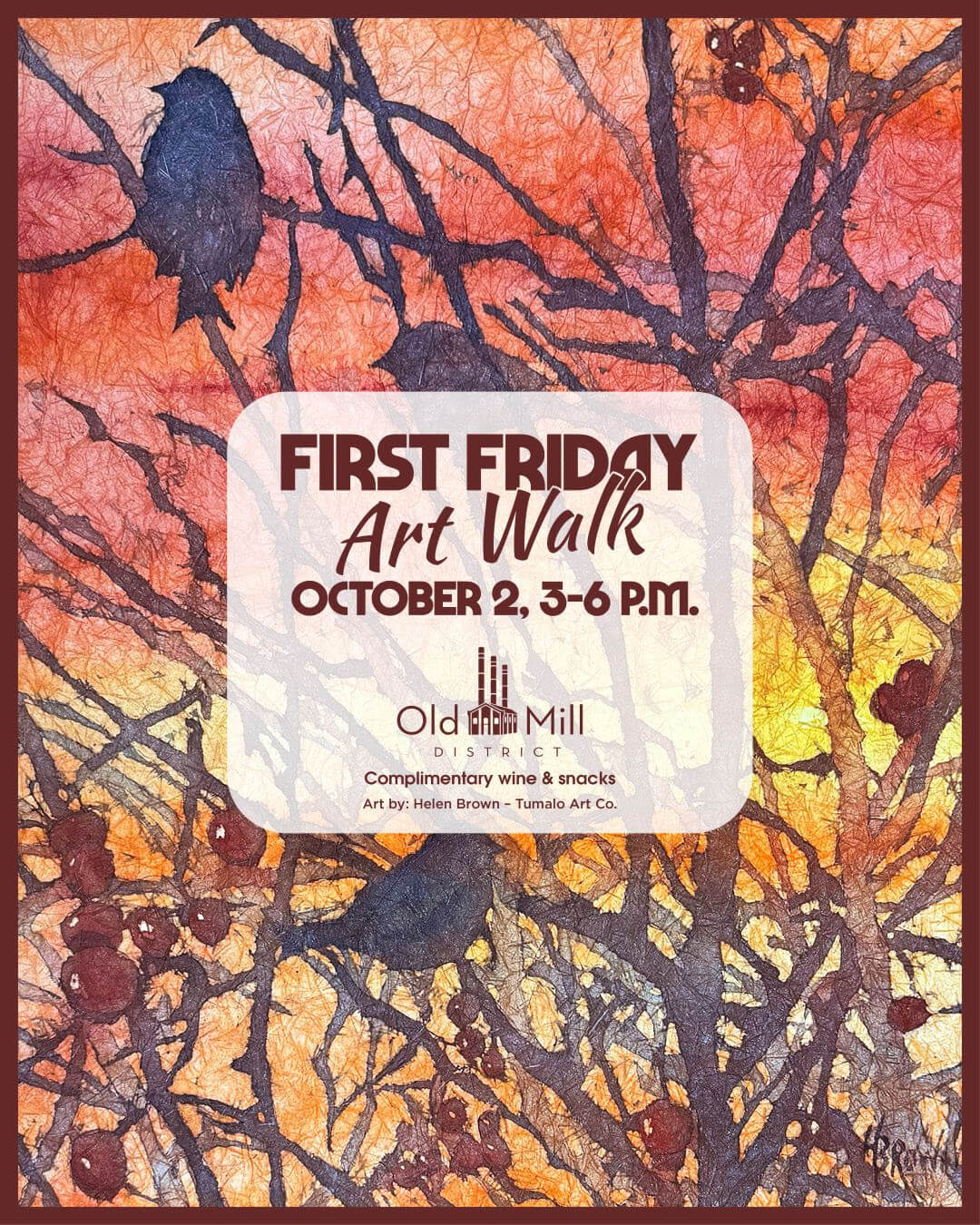 A flyer for an art walk event featuring a bird perched on tree branches in Central Oregon.