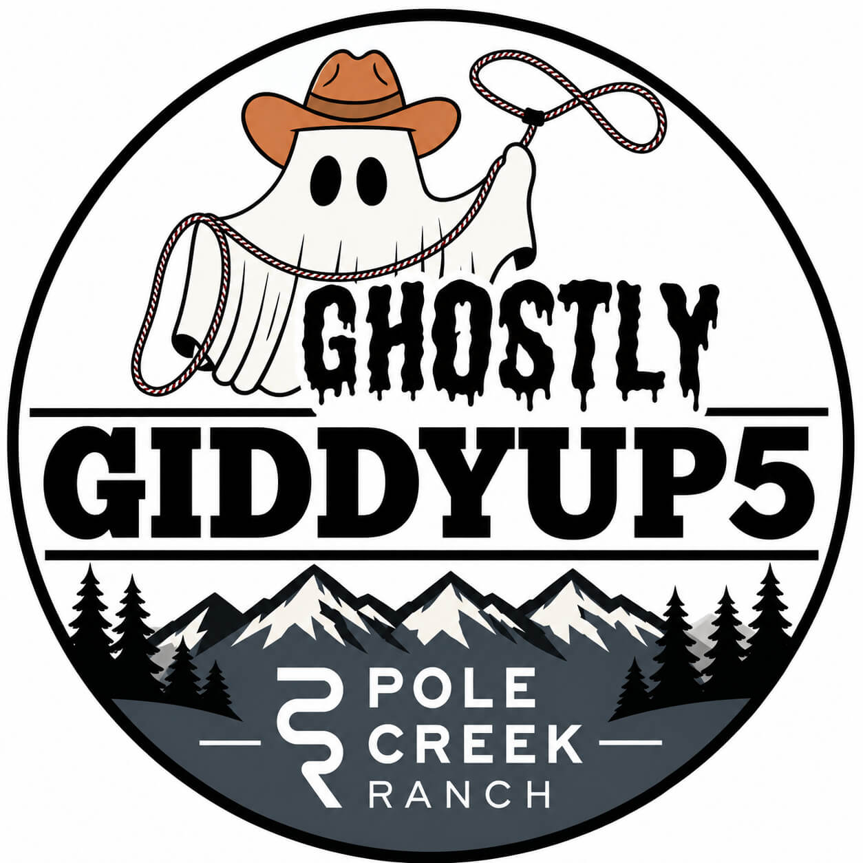 A circular logo featuring a ghost in a cowboy hat holding a lasso in Central Oregon.