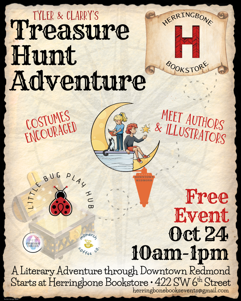 A flyer for a treasure hunt adventure event at Herringbone Bookstore in downtown Redmond in Central Oregon.