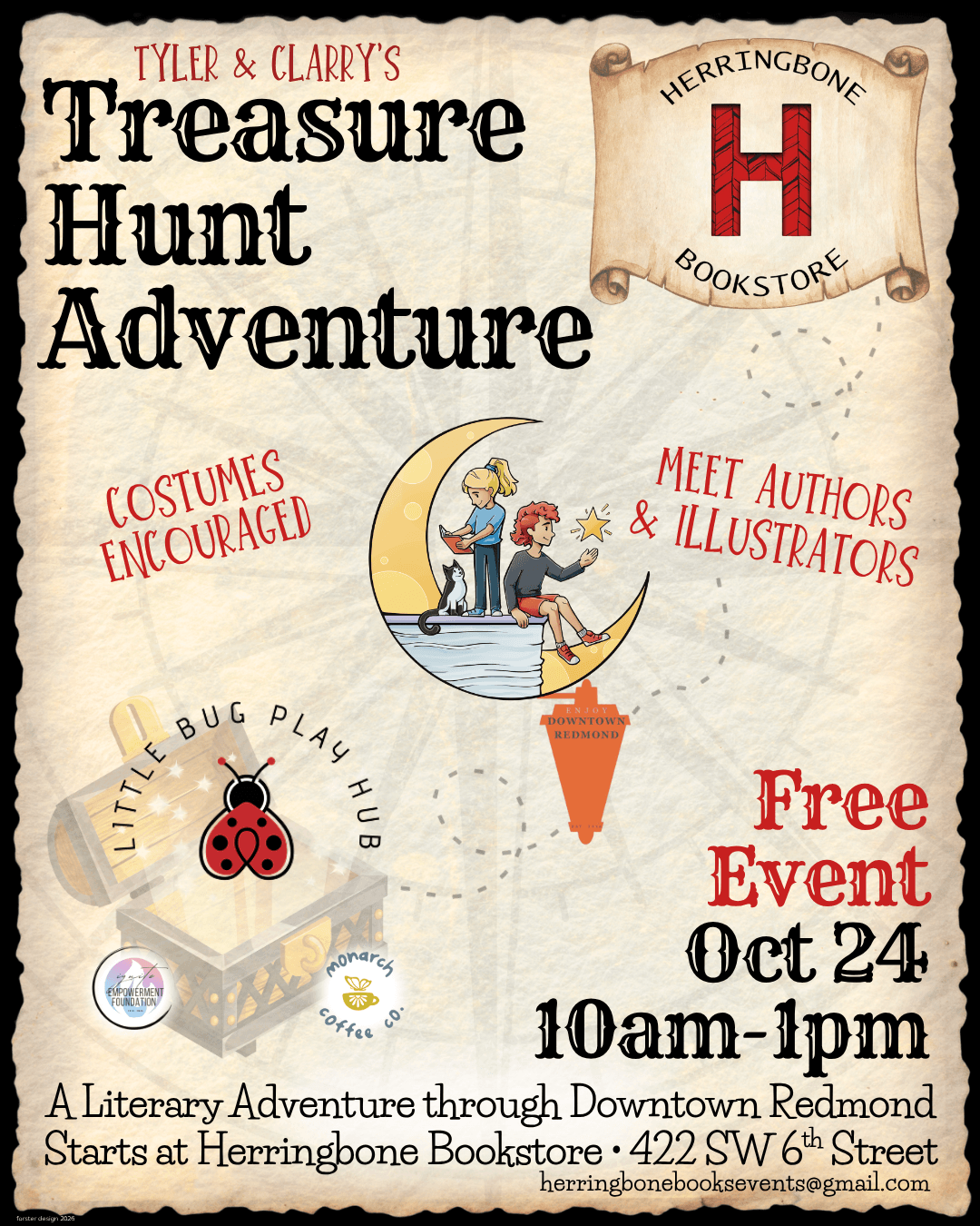 A flyer for a treasure hunt adventure event at Herringbone Bookstore in downtown Redmond in Central Oregon.