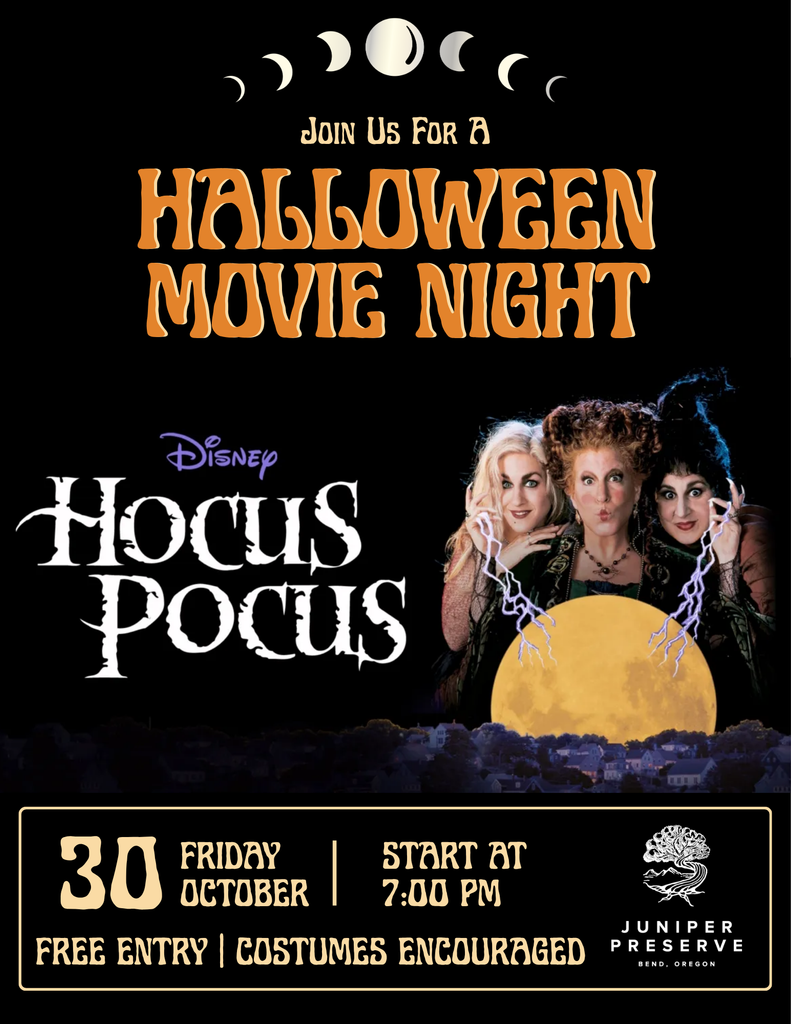 A promotional poster for a Hocus Pocus Halloween movie night at Juniper Preserve in Central Oregon.